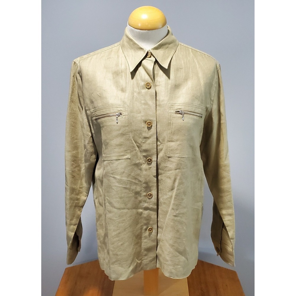 Lauren Ralph Lauren Women's M 100% Linen Blouse Tan Zip Pockets Button Down EUC